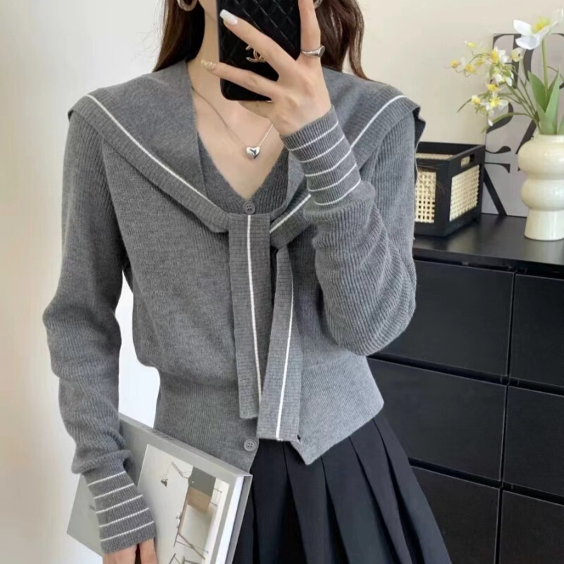 Tmall TikTok Quality Small Chanel Style Long Sleeve Knitwear Women's Autumn New Navy Collar Shawl Short Top Korean Style