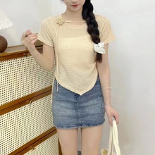 国风少女法式设计感玫瑰花镂空收腰短袖上衣时尚气质别致漂亮小衫