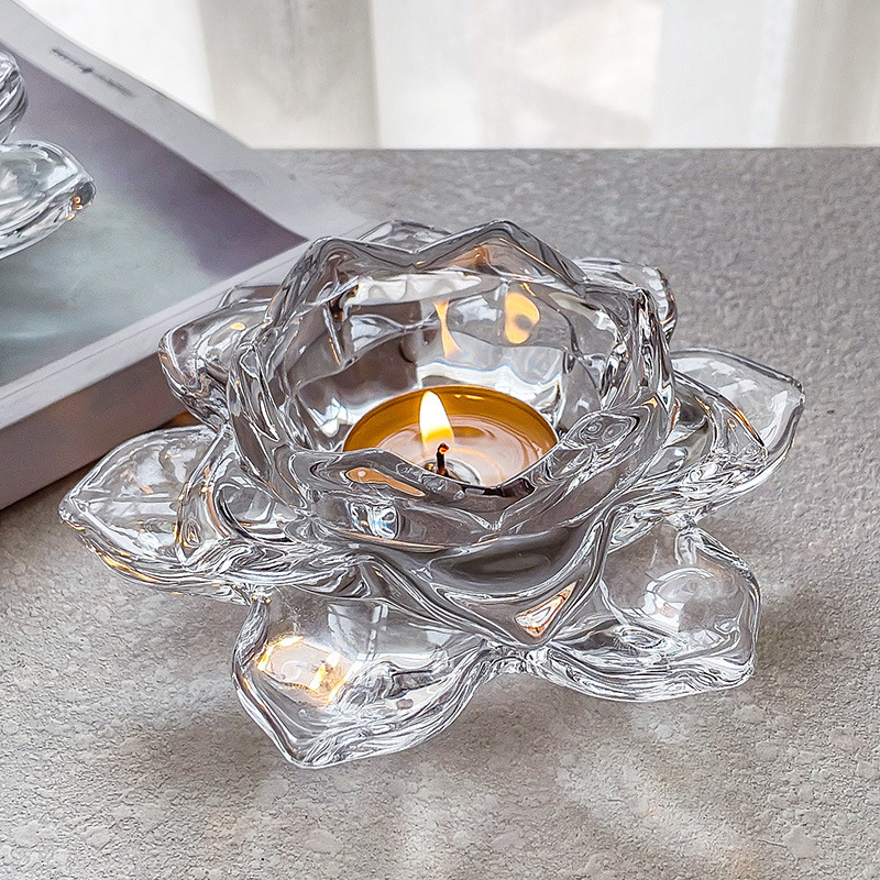 新商品の透明水晶ガラス蓮の花の燭台のろうそくの電気スタンドの蓮の花の明かりの家庭の装飾品の工芸品の置物|undefined