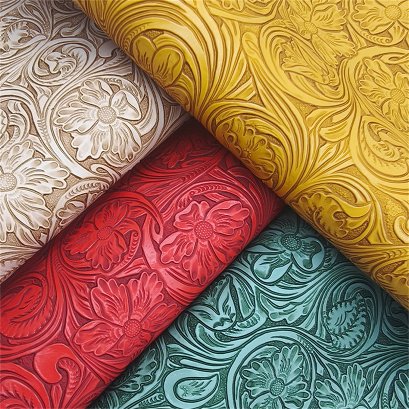 拉毛底压花凤尾花PVC复古浮雕人造皮革包装礼盒墙面装饰皮料面料