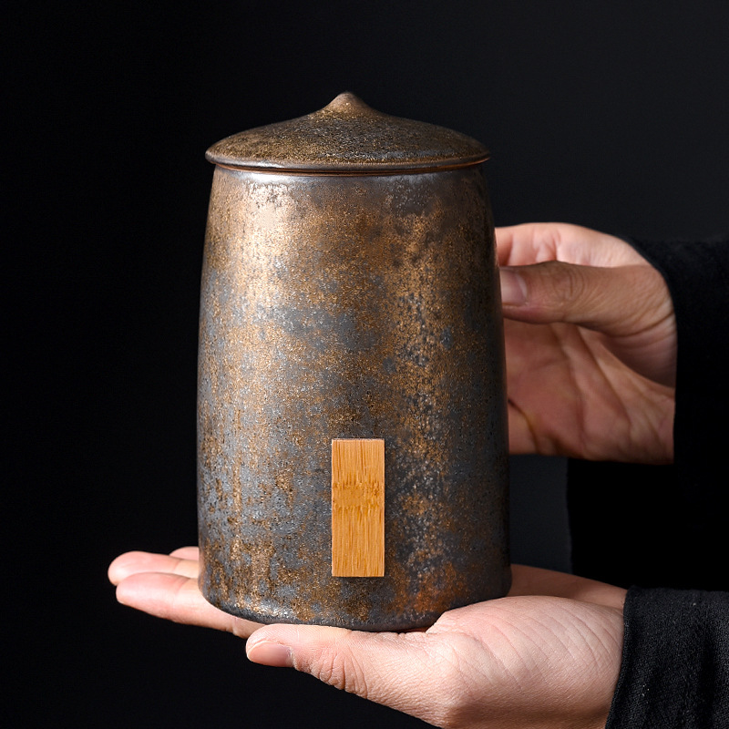 Antique Gold Plated Vintage Tea Canister Ceramic Household Pu-erh Tea Sealing Canister Large Capacity Storage Canister Tea Storage Canister Tea Waking Canister