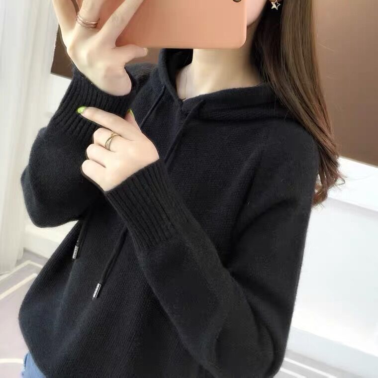 大码连帽卫衣女2025秋冬新款长袖宽松百搭针织衫纯色上衣打底衫女|undefined