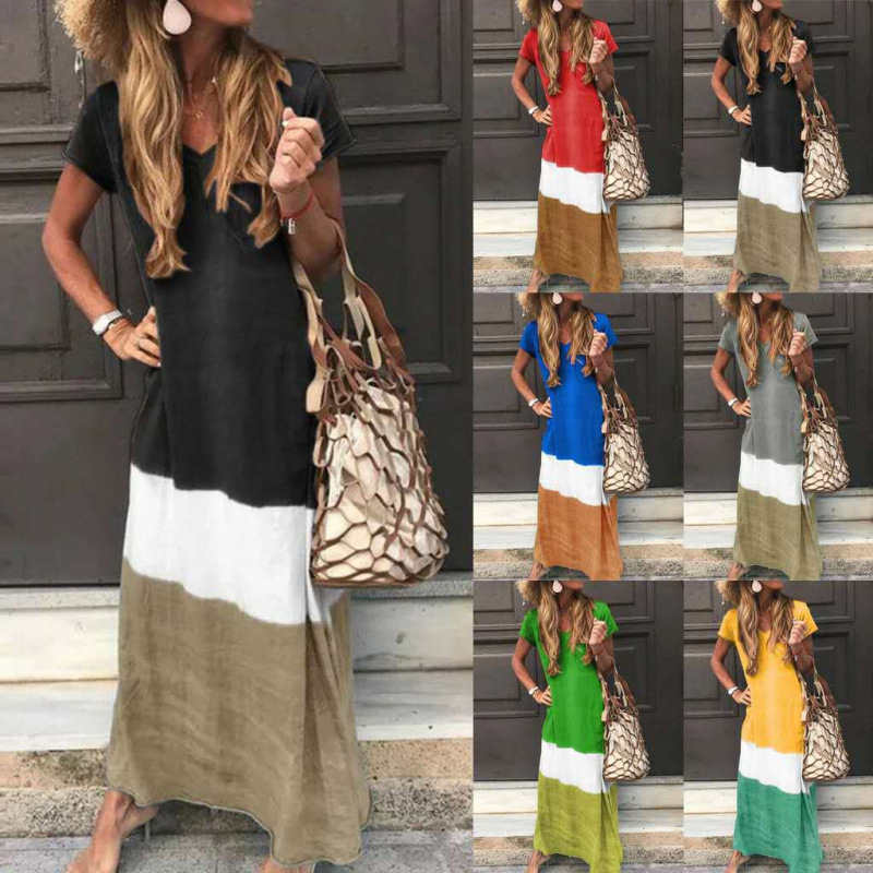 Plus-Size Women's Clothing for Export, Popular on Aliexpress and Amazon, Loose-Fitting Color-Blocked Short-Sleeve European and American Style Dress Plus-Size Women's Clothing for Export, Popular on Aliexpress and Amazon, Loose-Fitting Color-Blocked Short-Sleeve European and American Style Dress