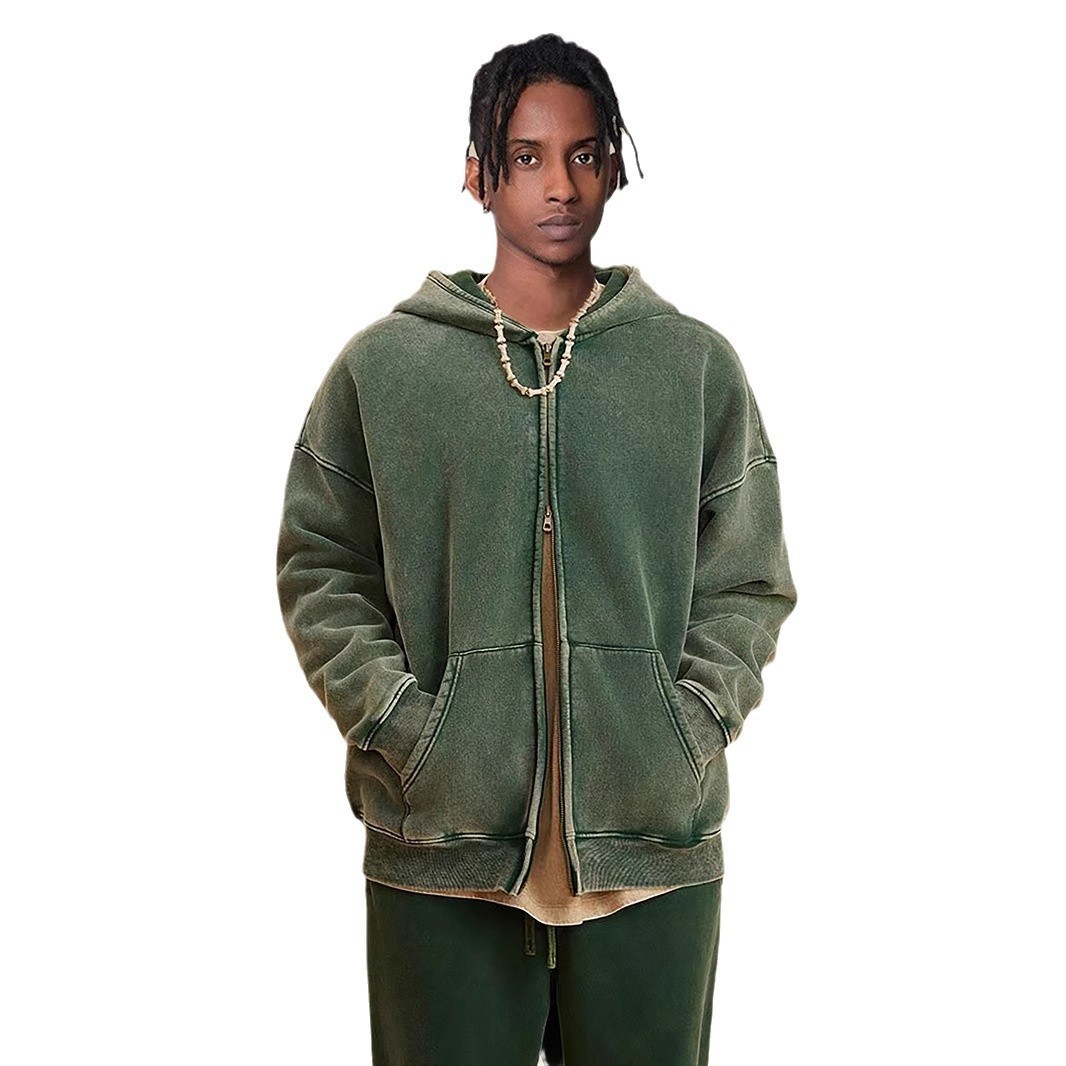 Comercio exterior 2024 marca de moda americana lavadora con sudadera con capuz cardigan retro con camisa con cremallera doble para hombres suelta sudadera con capuz