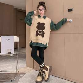 女童套装秋冬装新款儿童洋气针织马甲小女孩加绒牛仔衬衫两件套潮