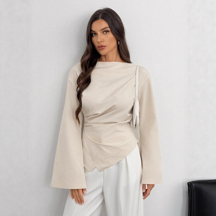 In-Stock 2025 Cross-Border Foreign Trade Summer Amazon Hot-Selling New Solid Color Long-Sleeve Loose Casual Pleated T-Shirt In-Stock 2025 Cross-Border Foreign Trade Summer Amazon Hot-Selling New Solid Color Long-Sleeve Loose Casual Pleated T-Shirt