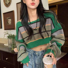 韩系复古绿色条纹毛衣女秋冬季新款慵懒宽松短款露脐套头上衣
