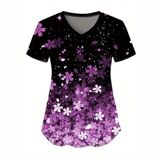 Trendy Purple Flower 3D Digital Printing Women's Casual All-match V-neck Shoulder Short-sleeved Nurse Work Uniform