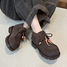 文艺复古平底内增流苏真皮女靴系带高帮女鞋2025秋季新款牛皮短靴