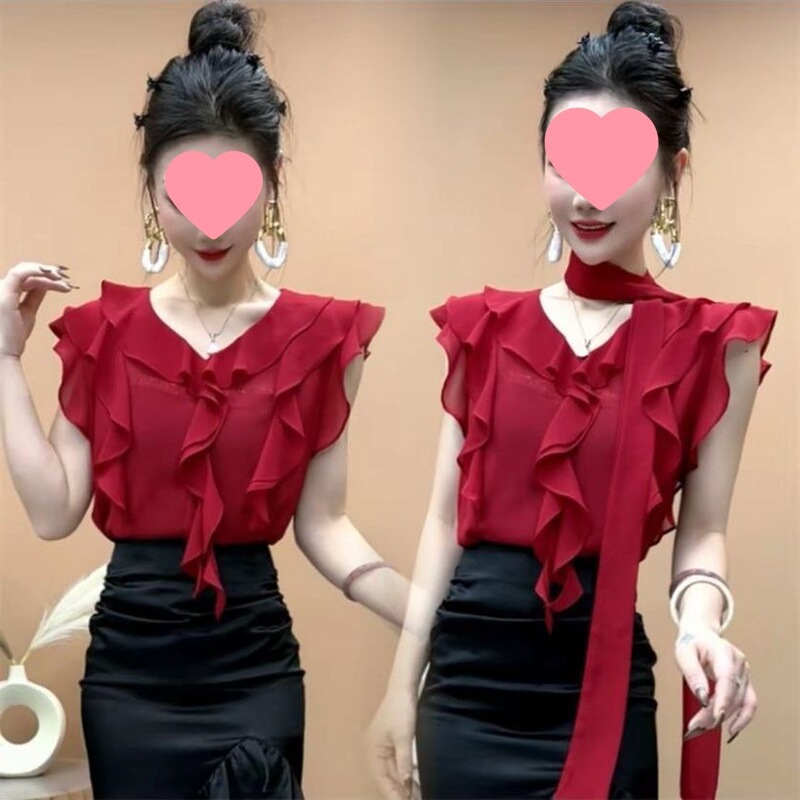 Thin Style, Age-Reducing, Ruffled Sleeveless Shirt for Women, 2026 Summer New Style, Elegant Design, Slimming Top