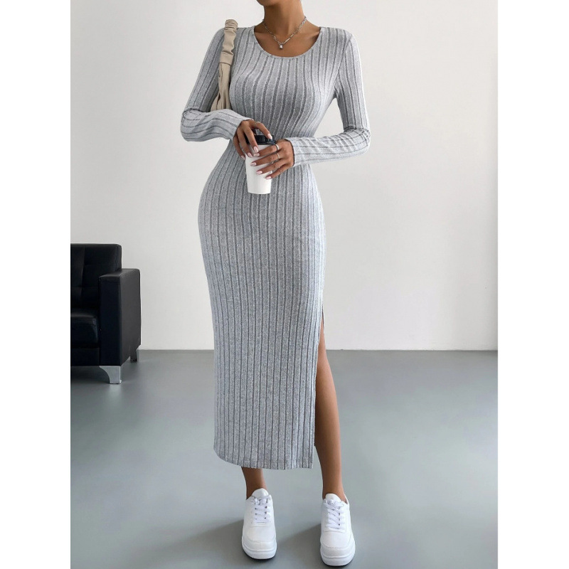 Hot Selling European and American Cross-Border Amazon 2025 Spring & Fall New Long-Sleeved Round Neck Slit Knitted Long Dress for Women