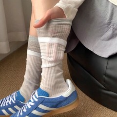 グレーカラーブロックパイルソックス女性用夏薄いふくらはぎわずかに透ける夏ロングバレエソックスmiuソックス夏
