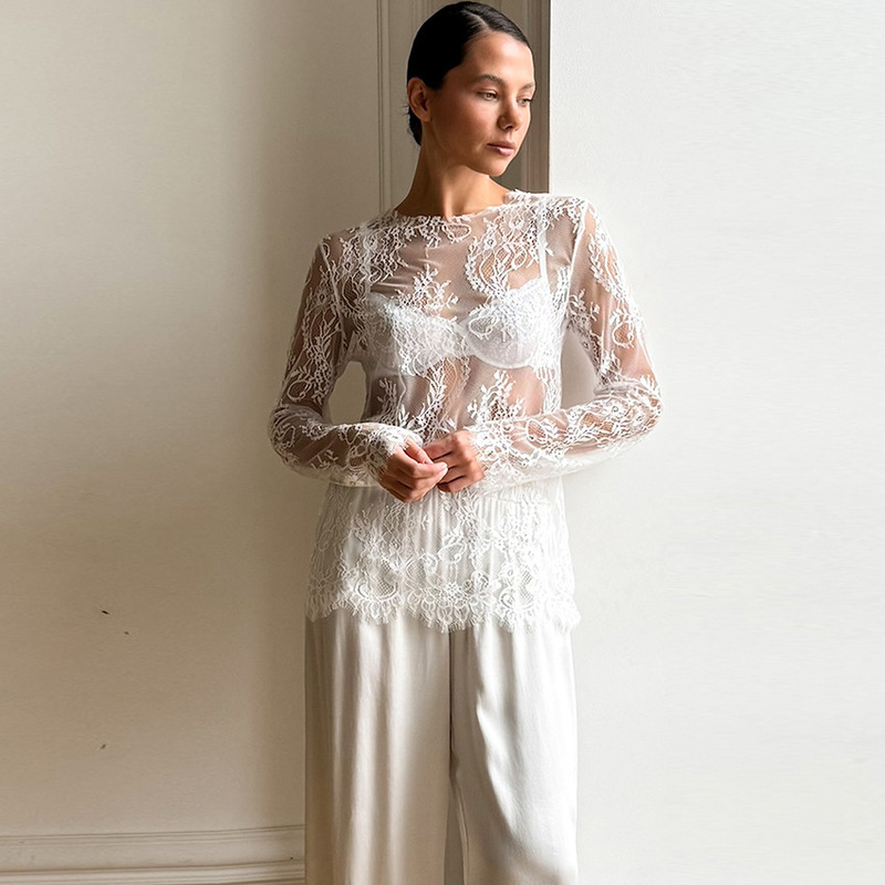 Cross-Border European and American 2026 Spring/Summer New French Fashion Sexy and Elegant T-Shirt Transparent Solid Color Lace Top for Women
