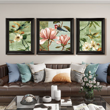 美式沙发背景墙装饰画客厅挂画花卉壁画复古油画欧式三联画肌理画