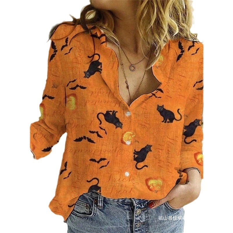 Cross-Border Export New Women's Shirt Witch Funny Pumpkin 3D Printed Halloween Women's Clothing Manufacturer Dropshipping