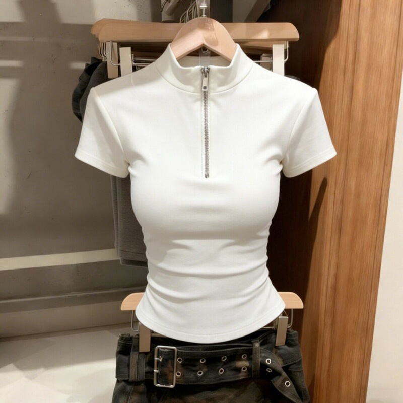 Korean-style stand-up collar, half-zip short-sleeve T-shirt for women, 2026 summer new collection, trendy and stylish, slim-fit, versatile top Korean-style stand-up collar, half-zip short-sleeve T-shirt for women, 2026 summer new collection, trendy and stylish, slim-fit, versatile top