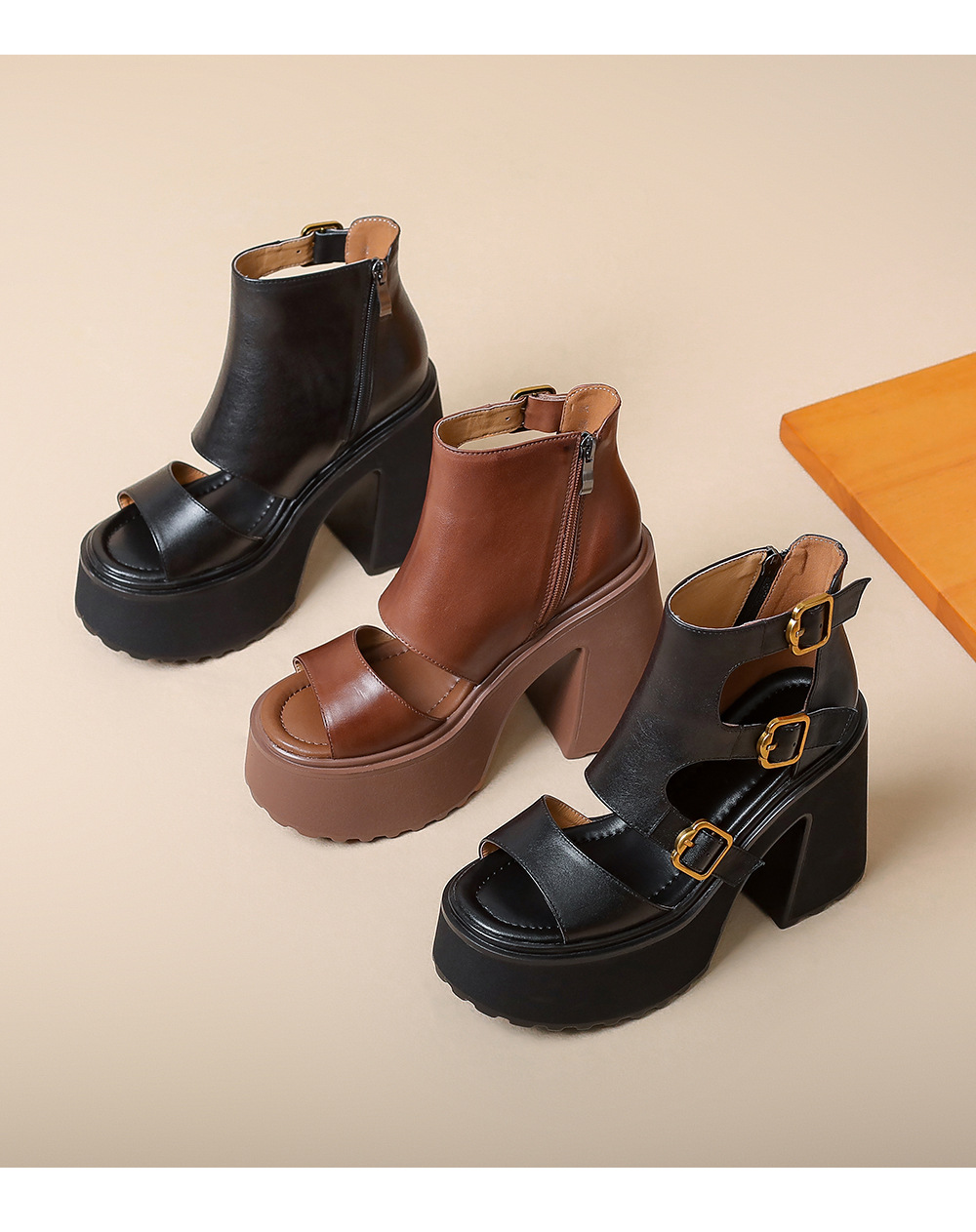 Sandal cao gót nữ da bò mũi hở quai khóa, gót 12 cm, cổ ngắn mùa hè — màu nâu, màu đen chi tiết 15