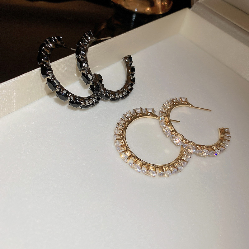 Retro C Shape Copper Inlay Zircon Ear Studs 1 Pair