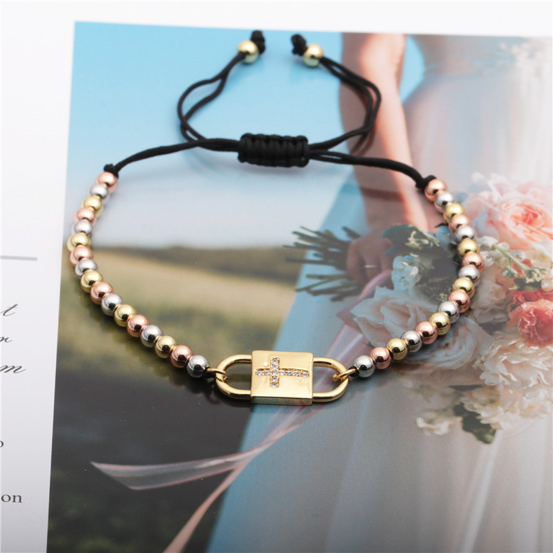 Simple 4mm Mixed Color Copper Beads Black Rope Chain Cross Adjustable Bracelet display picture 2