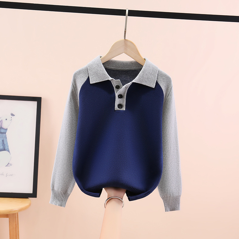 Boys' Sweater Autumn and Winter Children's Middle and Big Boys fleece-lined Thickened Lapel Sweater Autumn Fashionable Base Top