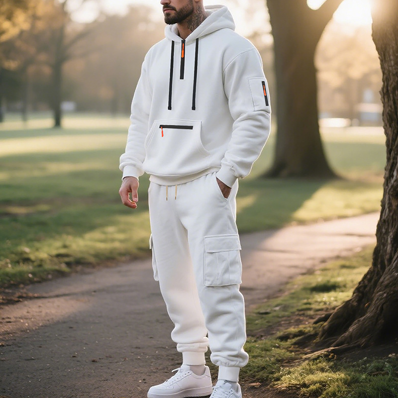 Heavyweight Fleece-Lined Big & Tall Men's Workwear Jogger Set Winter Cargo Pocket Hoodie & Pants_viptrois.com