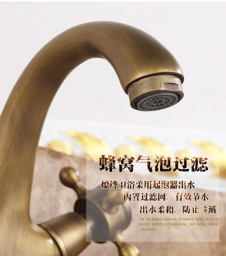 All-copper European-style antique hot and cold water faucet, washbasin, horn faucet, retro kitchen sink, rotatable retro faucet Item Picture