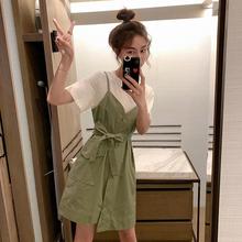 【两件套装】夏季韩版短袖T恤+吊带背带裙连衣裙子中长款时尚百润