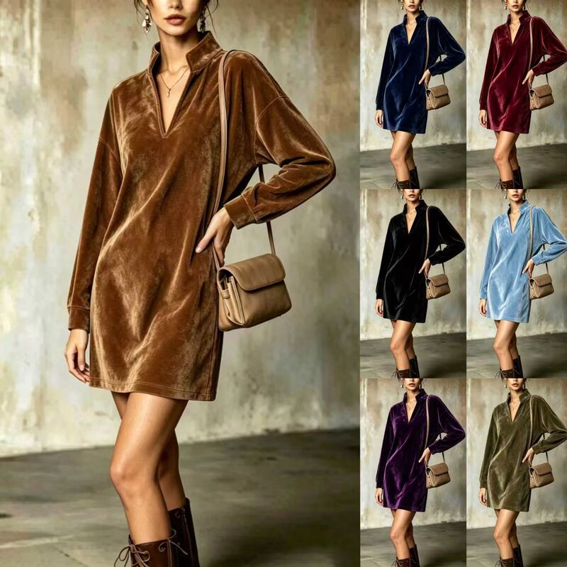 New European and American style velvet stand-up collar V-neck dress for women, loose fit, drop shoulder, long sleeve, straight cut, high-end feel dress