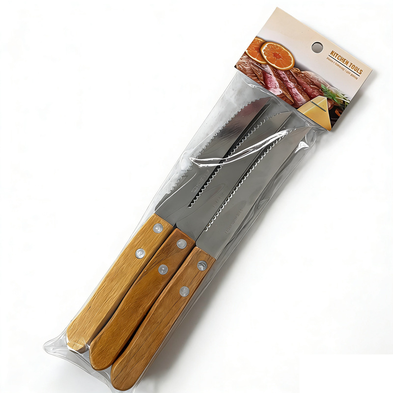 Comercio exterior de acero inoxidable cuchillo tenedor cuchara set 6pc mango de madera cuchillo de filete tenedor set 3pc cubiertos al por mayor