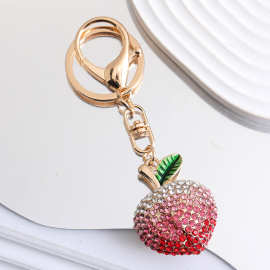 合金水钻可爱水蜜桃汽车钥匙扣女包配饰3D立体水果造型挂件纪念品