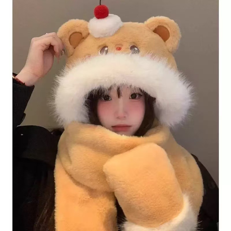 蛋糕小熊帽子围巾一体女2025年冬季防寒显脸小护耳雷锋帽潮流爆款|undefined