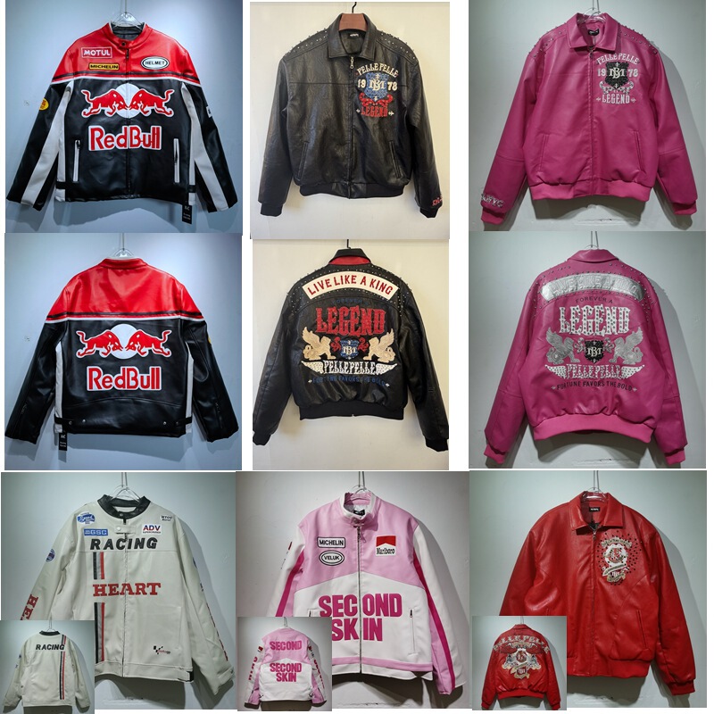 Ferrari Leather Jacket Red Bull Racing Suit Jacket with Rhinestones Harley Motorcycle Riding Suit with Cotton Embroidery Trendy Cool Jacket