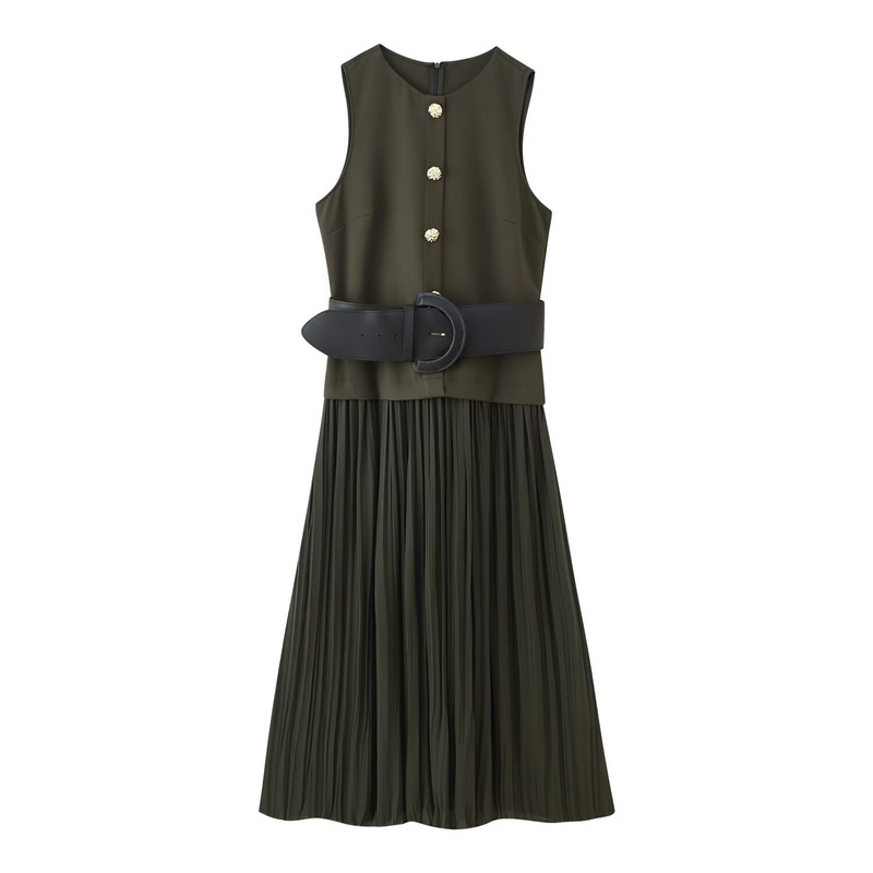 Z Brand Foreign Trade Cross-Border European and American Style Women's Clothing 2026 Spring New Model with Belt and Patchwork Midi Dress