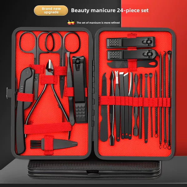 Cross-border nail clippers manicure full set of black and red 24-piece oblique nail clippers a batch of nail suit dead skin scissors