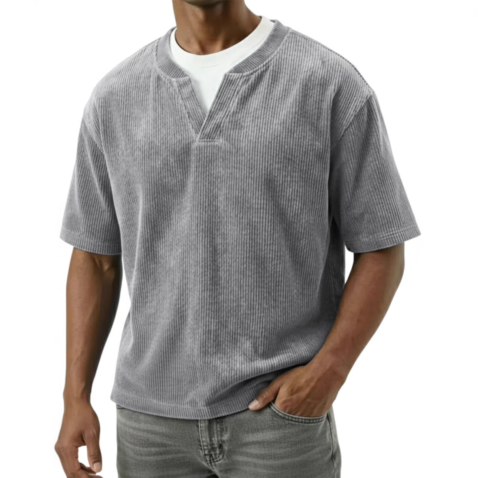 T-shirt casual da uomo a maniche corte, doppio colletto, finto velluto a coste, bianca e nera, primavera/estate, stile europeo/americano, cotone, pezzo unico_voghion.com