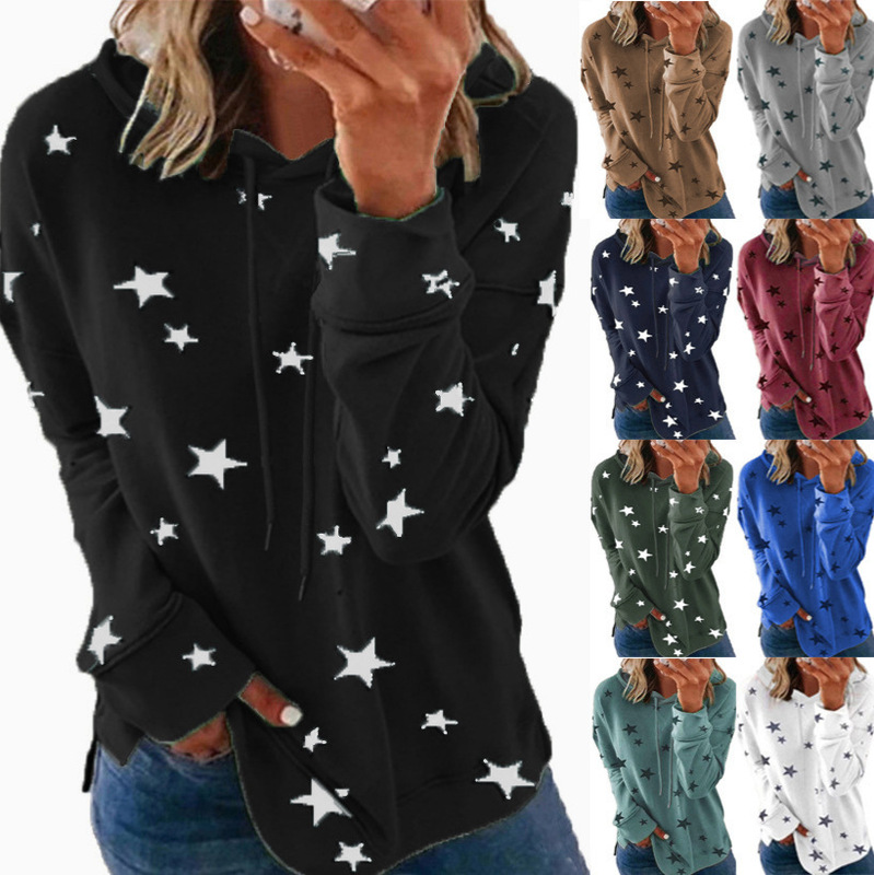 Autumn and Winter New Foreign Trade Cross-border Sweater European and American Women's Star Printed Top Loose Large Size Hooded Sweater for Women Autumn and Winter New Foreign Trade Cross-border Sweater European and American Women's Star Printed Top Loose Large Size Hooded Sweater for Women