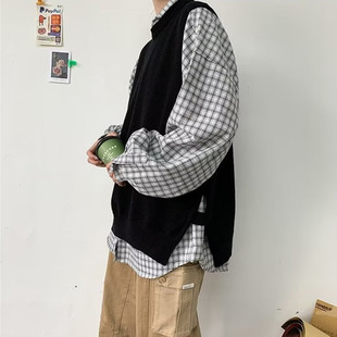 Hong Kong style sweater new vest sweater men's sweater vest college style solid color round neck sleeveless waistcoat sweater