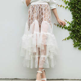 时尚百搭重工蕾丝拼接蓬蓬半身裙女秋冬新款气质雪纺褶皱撞色裙子