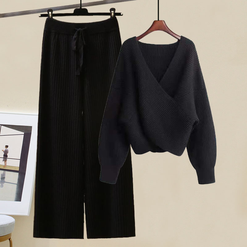 Women's Clothing Outfit With High Gentle Sweater Knitted Wide Leg Pants Suit Goddess Two Piece Suit_voghion.com