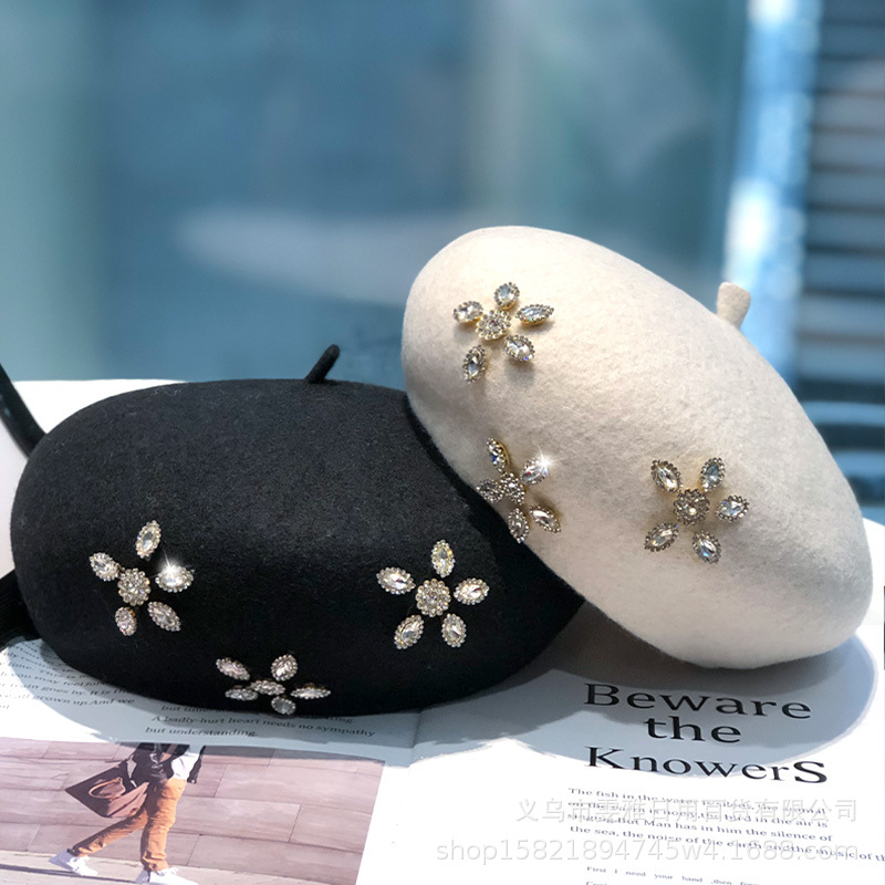 帽子女春秋季韩版时尚复古纯羊毛贝雷帽百搭水钻花朵纯色画家帽女