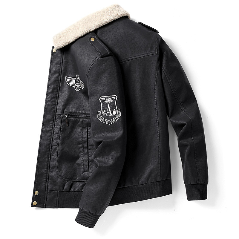 Men's plus size PU pigskin plush collar, pilot motorcycle jacket, men's embroidery and velvet leather jacket_ipsvogv.com
