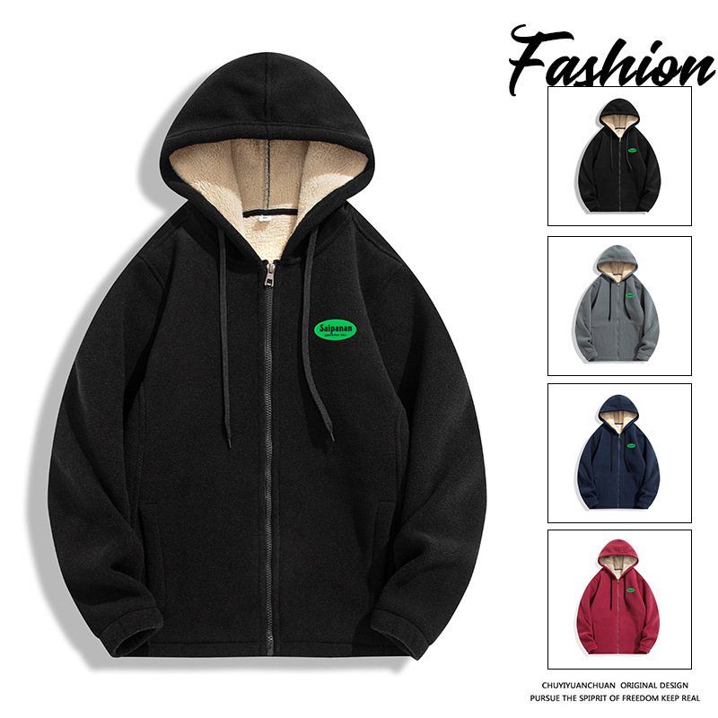2023 Winter New Hoodie Men's Hooded Loose Velvet Jacket Lambskin Zipper Sports Casual Korean Style Hoodie