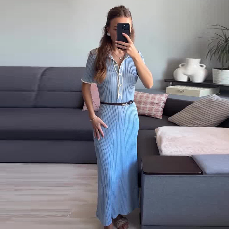 2025 New European and American Amazon Cross-Border Foreign Trade Women's Clothing Lapel Knitted Waist Simple Simple Slim Long Skirt