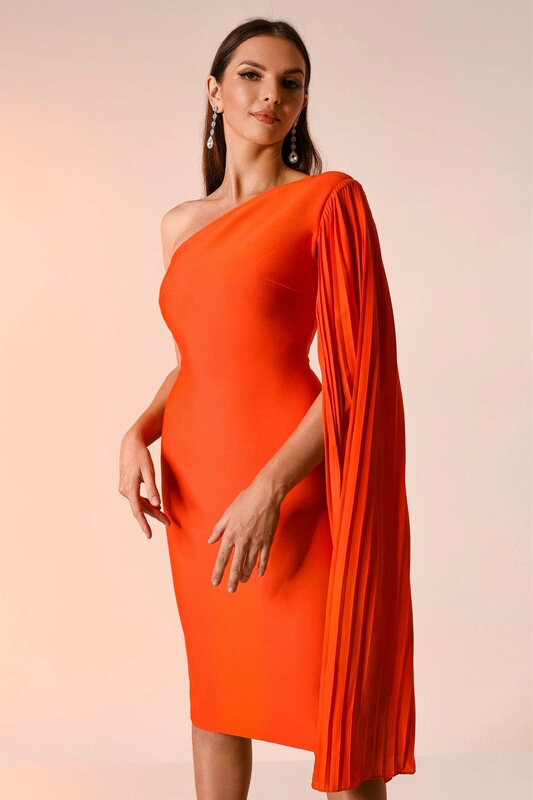 Elegant cross-border European and American bandage dress one shoulder elegant fake sleeves party banquet host dress hip pleated