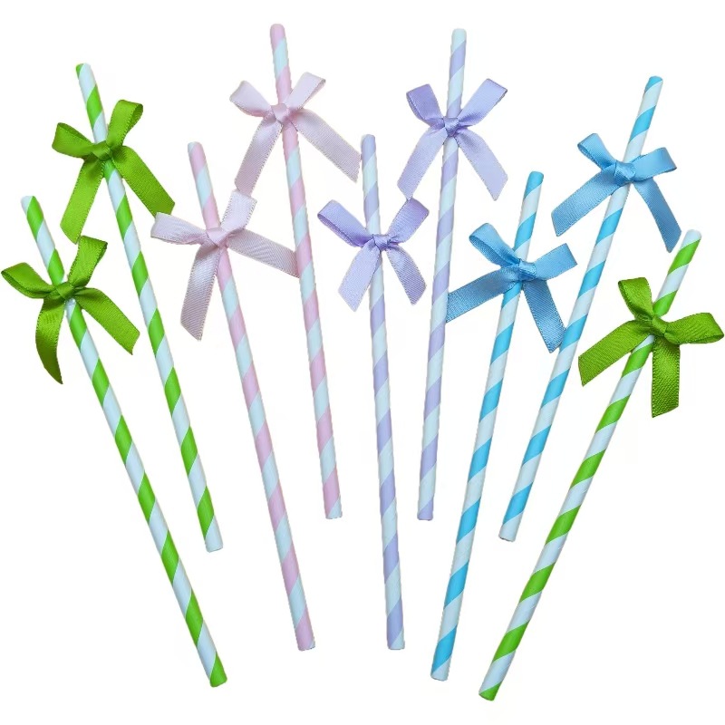 Fiesta transfronteriza de papel straw ribbon string bow desechable postre decoración de cóctel straw horneado inserto