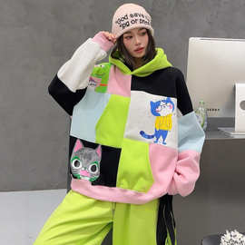 大码时尚撞色拼接卡通口袋连帽卫衣女秋冬加绒加厚洋气减龄帽衫潮
