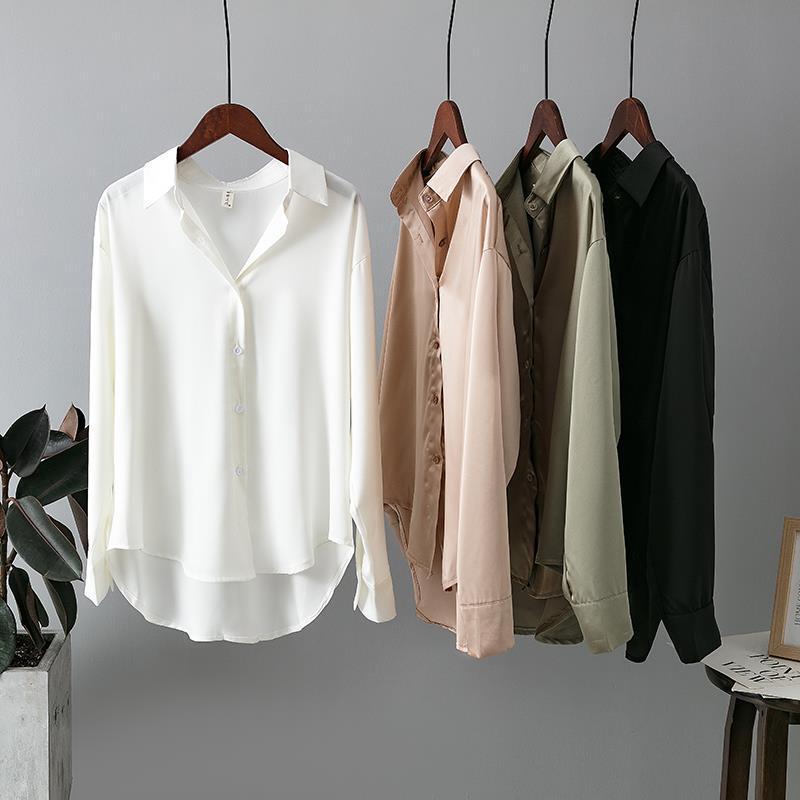 Silky Satin Shirt for Women, Unique Design, Spring and Autumn Fashion, Versatile Long-Sleeve Top, Loose Fit, Drapey Outerwear Shirt