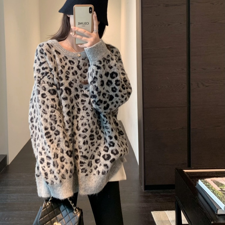 American Retro Fashionable Leopard Print Pullover Knitwear for Women in Autumn and Winter New Oversize Lazy Style Loose Knitted Knitwear for Women