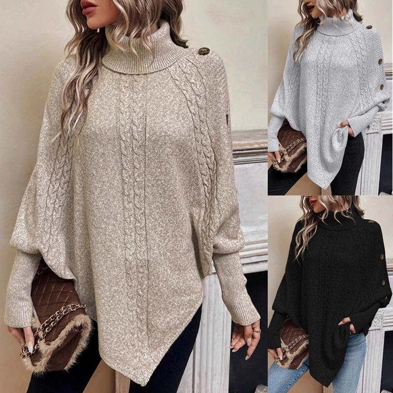 Amazon Autumn and Winter New Button Bat Sleeve Knitwear Aliexpress European and American Cross-Border Women's Turtleneck Cape Knitwear