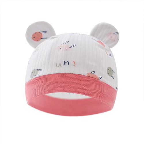 Foreign Trade European and American Newborn Baby Hat Cartoon Printed Double-Ear Infant Cap 0-3 Months Baby Hat 8320